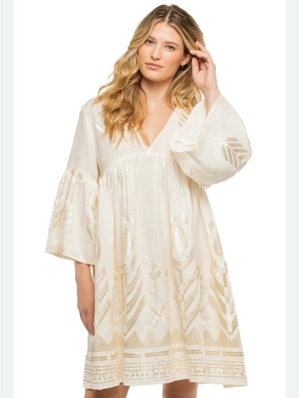 Free People Starlight Embroidered Bell-Sleeve Mini champagne + silver metallic